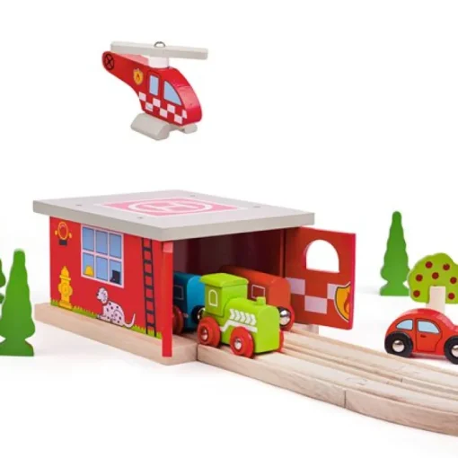 Bigjigs Fire Station Shed with helipad and fire rescue helicopter